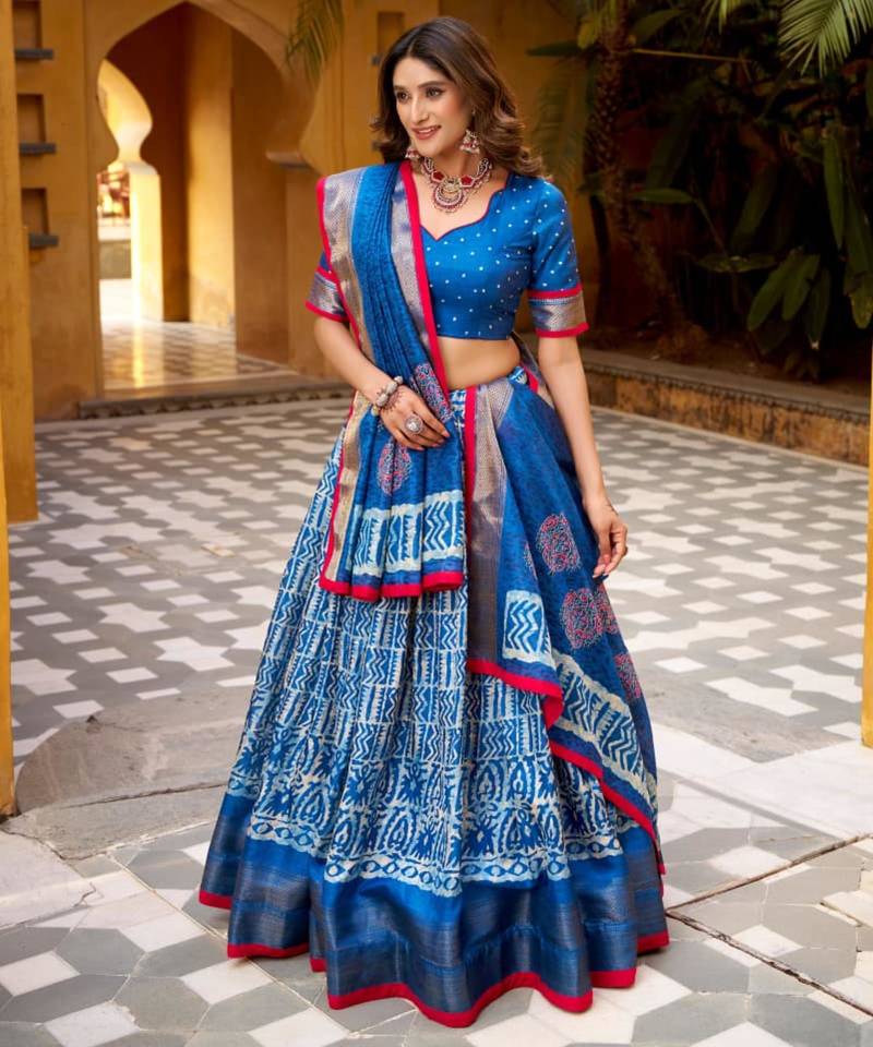 blue silk blend printed traditional lehenga choli