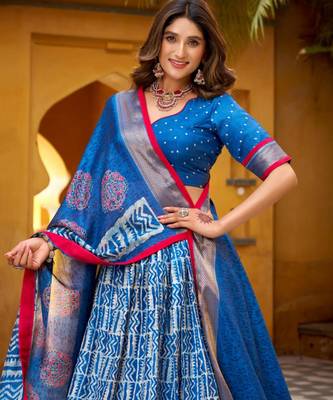 blue silk blend printed traditional lehenga choli 2