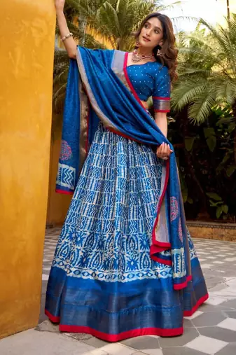 blue silk blend printed traditional lehenga choli