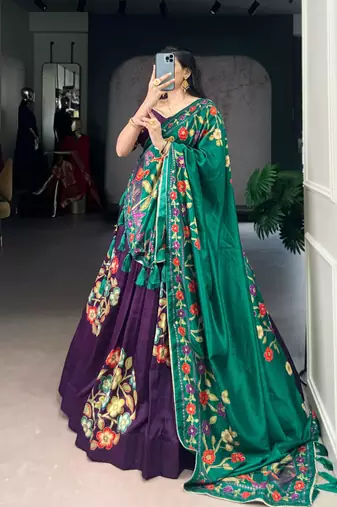 purple silk blend printed traditional lehenga choli with free size upto 42