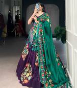 purple silk blend printed traditional lehenga choli with free size upto 42