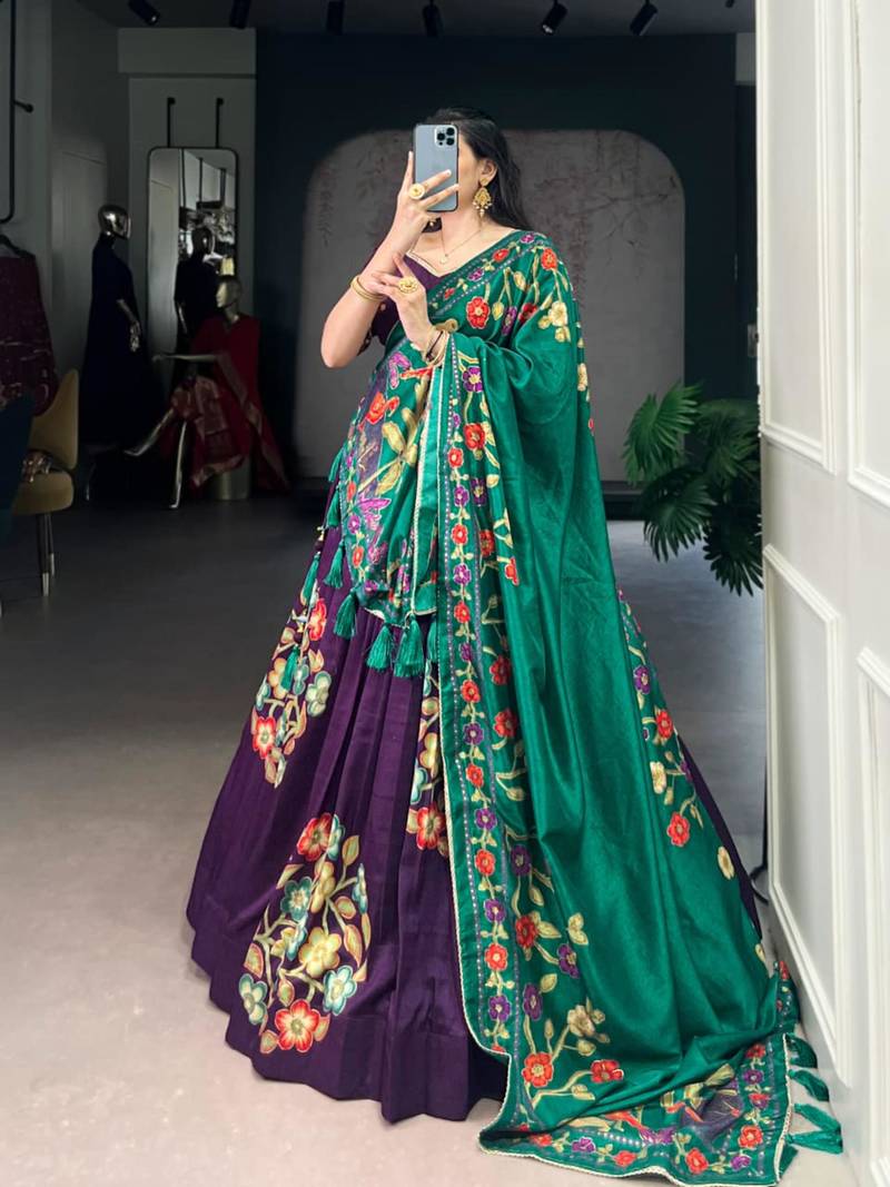 purple silk blend printed traditional lehenga choli with free size upto 42