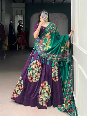 purple silk blend printed traditional lehenga choli with free size upto 42 2