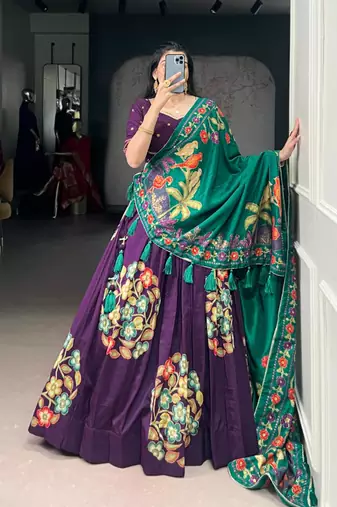 purple silk blend printed traditional lehenga choli with free size upto 42