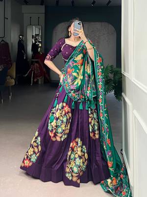 purple silk blend printed traditional lehenga choli with free size upto 42 3
