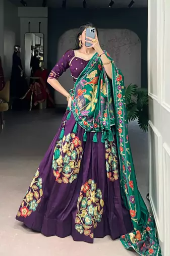 purple silk blend printed traditional lehenga choli with free size upto 42