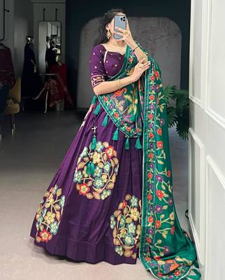 purple silk blend printed traditional lehenga choli with free size upto 42 4