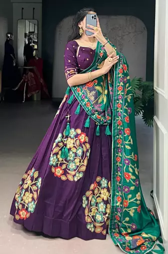 purple silk blend printed traditional lehenga choli with free size upto 42