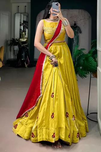 yellow chanderi embroidered traditional lehenga choli with free size upto 42
