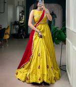 yellow chanderi embroidered traditional lehenga choli with free size upto 42