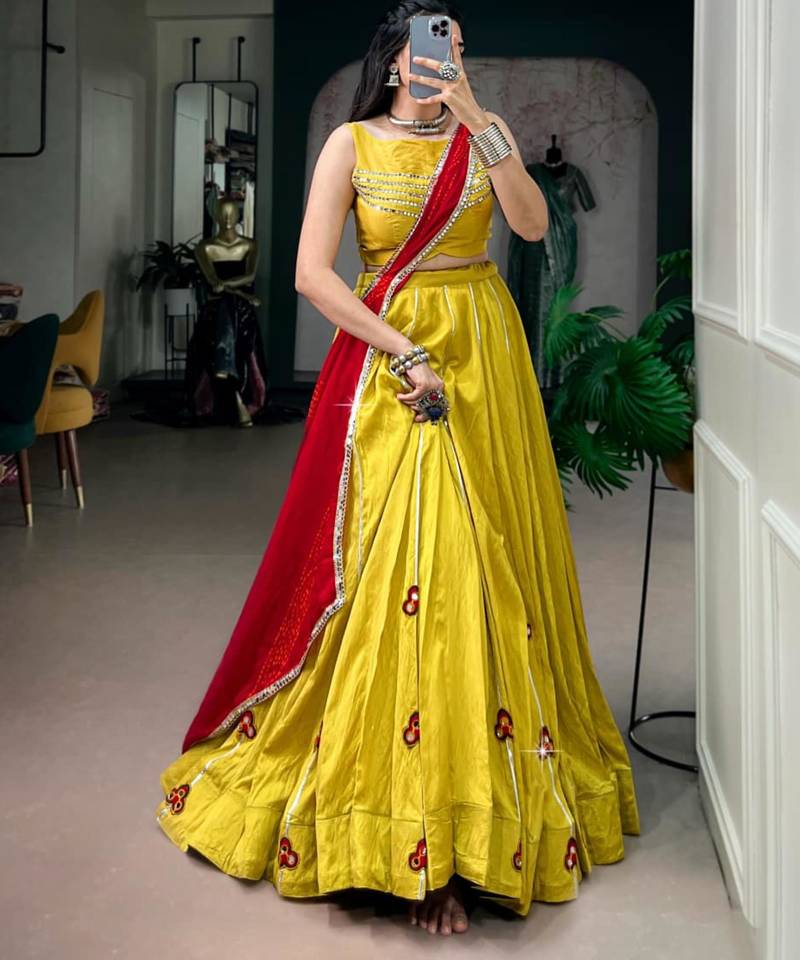 yellow chanderi embroidered traditional lehenga choli with free size upto 42