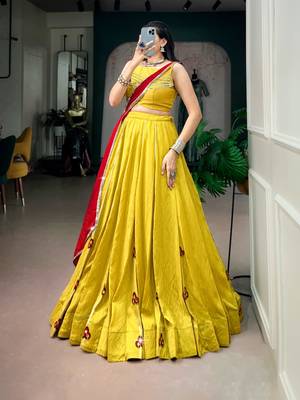 yellow chanderi embroidered traditional lehenga choli with free size upto 42 2