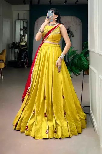 yellow chanderi embroidered traditional lehenga choli with free size upto 42