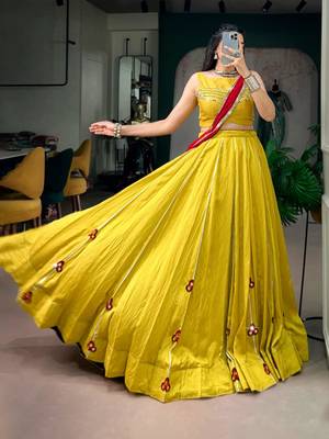 yellow chanderi embroidered traditional lehenga choli with free size upto 42 3