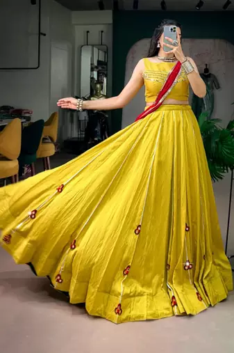 yellow chanderi embroidered traditional lehenga choli with free size upto 42