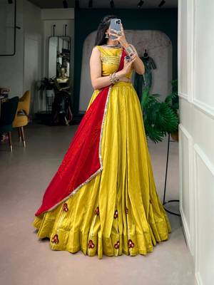 yellow chanderi embroidered traditional lehenga choli with free size upto 42 4