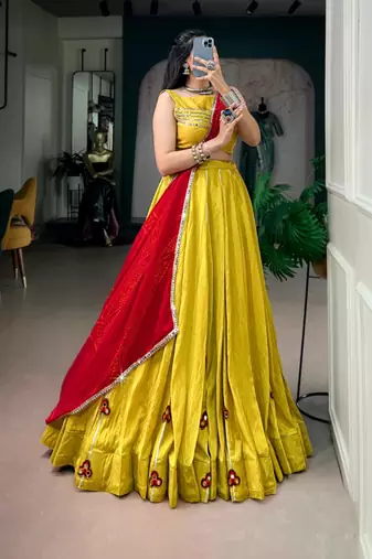 yellow chanderi embroidered traditional lehenga choli with free size upto 42
