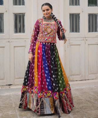 multicolor georgette printed traditional lehenga choli with free size upto 44 3