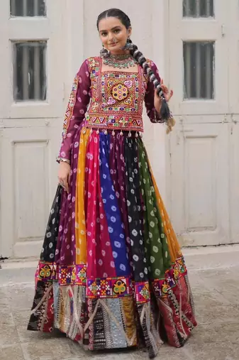 multicolor georgette printed traditional lehenga choli with free size upto 44
