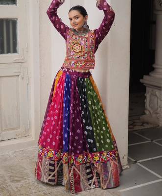 multicolor georgette printed traditional lehenga choli with free size upto 44 5