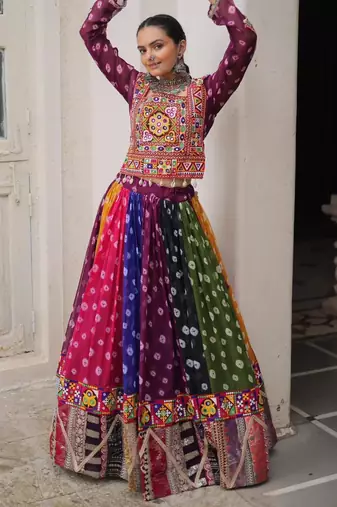 multicolor georgette printed traditional lehenga choli with free size upto 44