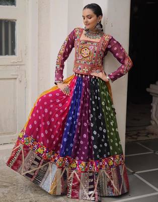 multicolor georgette printed traditional lehenga choli with free size upto 44 1