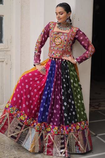 multicolor georgette printed traditional lehenga choli with free size upto 44