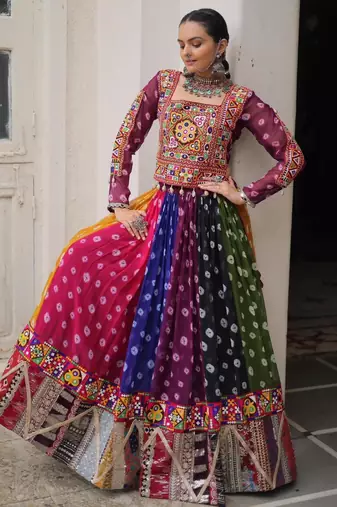 multicolor georgette printed traditional lehenga choli with free size upto 44