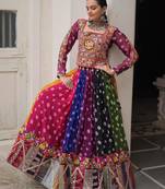 multicolor georgette printed traditional lehenga choli with free size upto 44