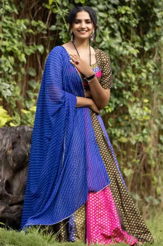 multicolor silk blend woven traditional lehenga choli with free size upto 44