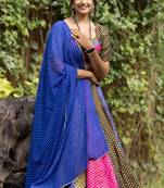multicolor silk blend woven traditional lehenga choli with free size upto 44