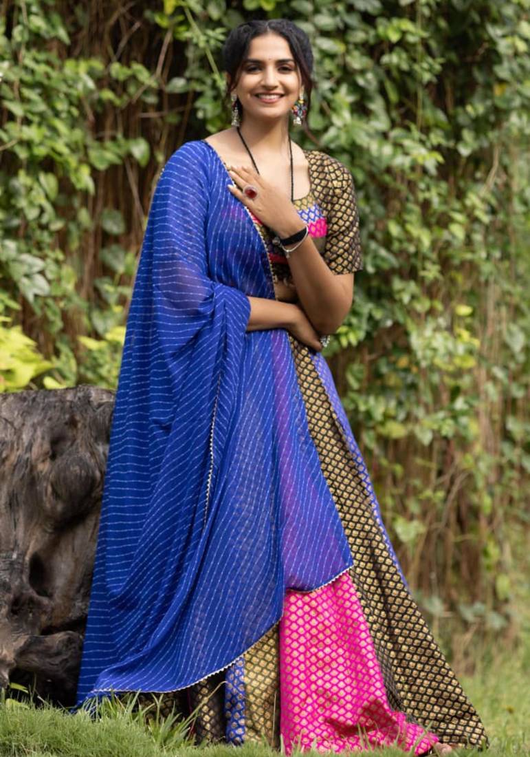 multicolor silk blend woven traditional lehenga choli with free size upto 44