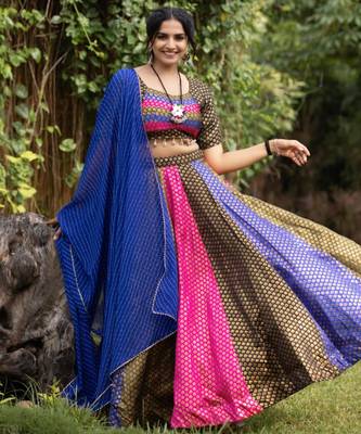 multicolor silk blend woven traditional lehenga choli with free size upto 44 2