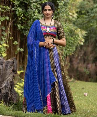 multicolor silk blend woven traditional lehenga choli with free size upto 44 3