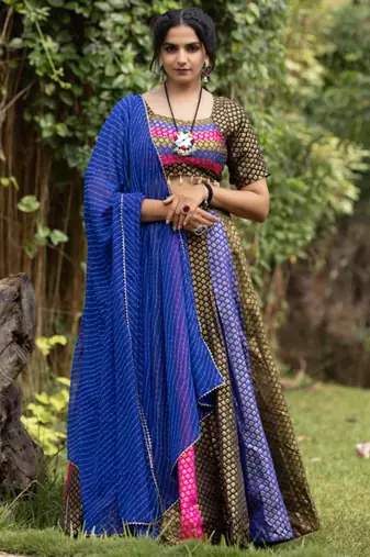 multicolor silk blend woven traditional lehenga choli with free size upto 44