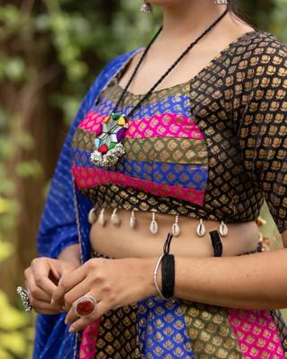 multicolor silk blend woven traditional lehenga choli with free size upto 44 4