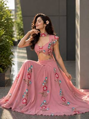 pink georgette printed traditional lehenga choli with free size upto 38 1