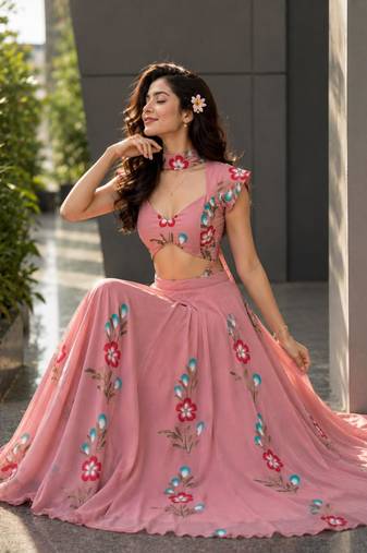 pink georgette printed traditional lehenga choli with free size upto 38