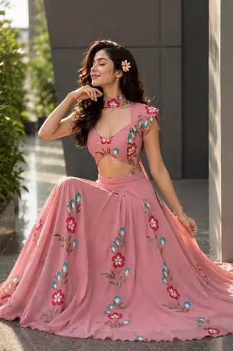 pink georgette printed traditional lehenga choli with free size upto 38