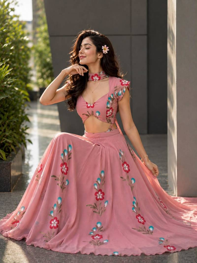 pink georgette printed traditional lehenga choli with free size upto 38