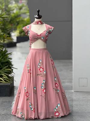 pink georgette printed traditional lehenga choli with free size upto 38 2