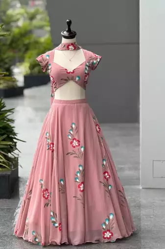 pink georgette printed traditional lehenga choli with free size upto 38