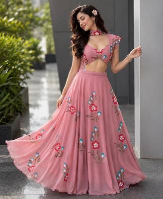 pink georgette printed traditional lehenga choli with free size upto 38 3