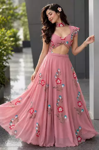 pink georgette printed traditional lehenga choli with free size upto 38