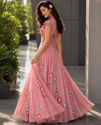 pink georgette printed traditional lehenga choli with free size upto 38 4