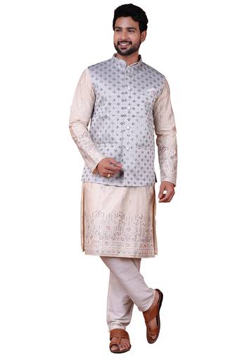 silk blend men nehru jacket grey