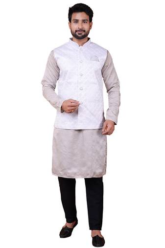 W&g silk blend men nehru jacket white