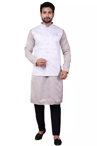 W&g silk blend men nehru jacket white