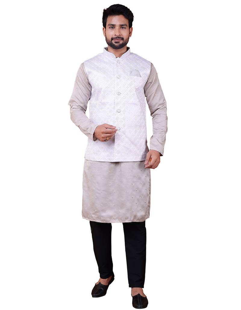 W&g silk blend men nehru jacket white