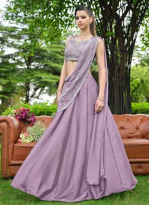 Pink zari sequence beads embroidery work half sarees for women's 3